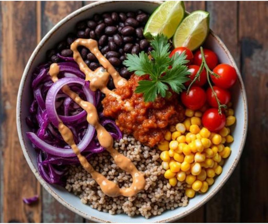 You are currently viewing Black Bean Brown Rice Bowl with Fresh Salsa & Tahini Drizzle